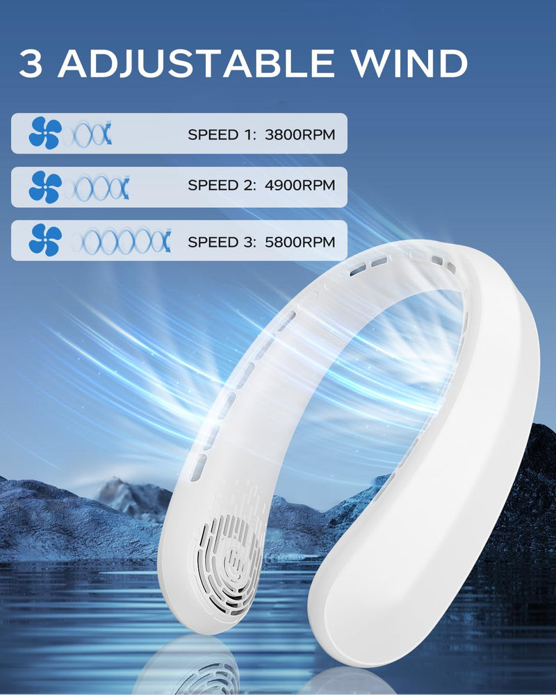 Neck Fan, Portable Fan around Neck, 5200mAh Battery Operated Wearable Personal Fan with USB Rechargeable, 3 Wind Speed,Ultra Quiet, Bladeless,Headphone Design for Travel, Men Women White