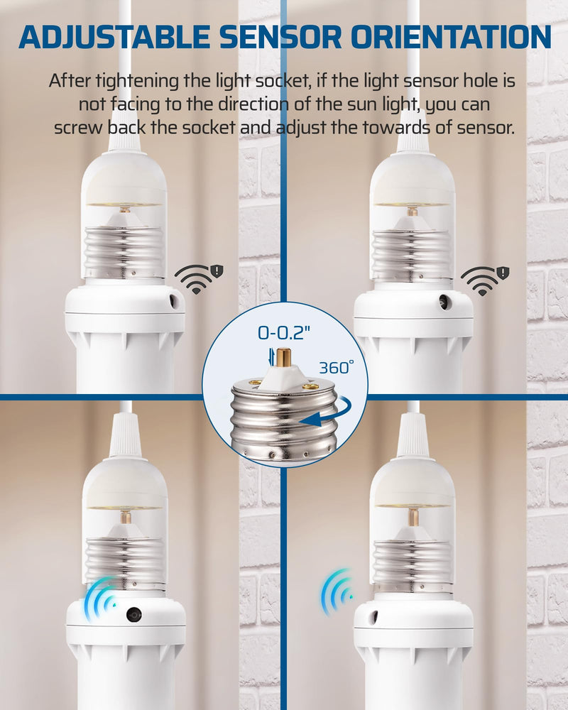 DEWENWILS Light Sensor Socket, Dusk to Dawn Light Socket Adapter, 360° Sensor Rotation, E26/E27 Light Bulb Sockets for Porch Light, Wall Light, Compatible with LED/INC/CFL/Halogen Bulbs, 2 Pack White
