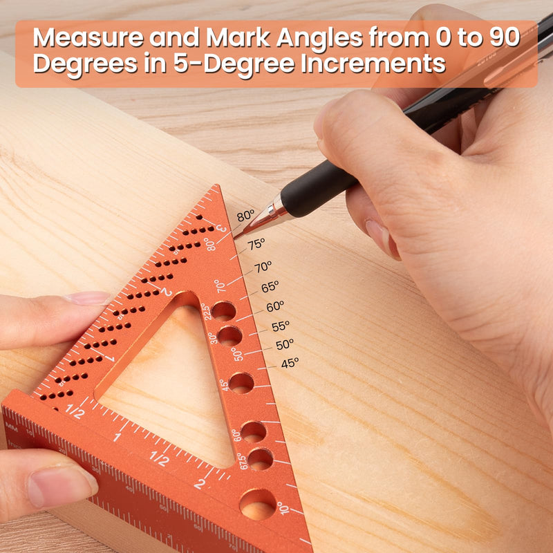 Neitra Small Square Ruler with Fixed Angle Pin, Accurate Compact Aluminum Alloy Mini Squares with Laser Etched Markings, Includes a Mechanical Pencil for Carpenter Woodworking Furniture Projects Orange 3.5 Inch