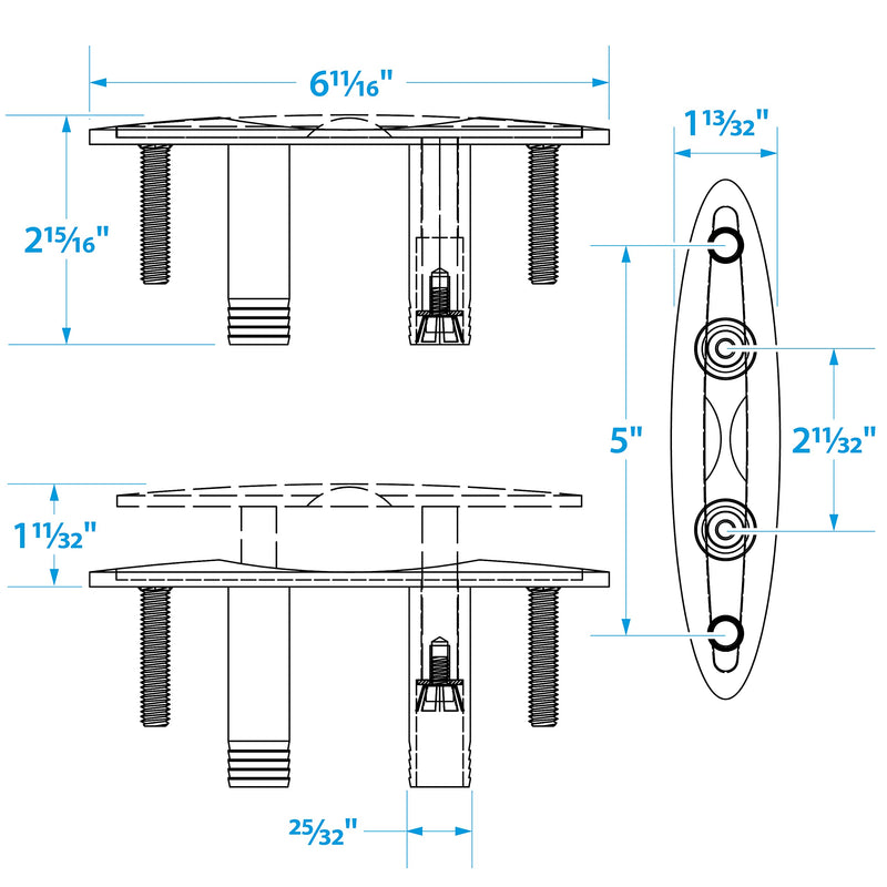Seachoice 316 Cast Stainless Steel Pull Up Cleat, Flush Mount, Various Sizes Cleat w/ Studs 6"