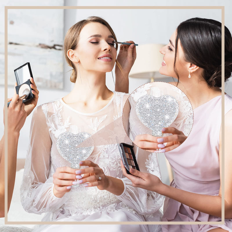 Bucherry 3 Pcs Rhinestone Hand Mirror Heart Shaped Bling Dazzling Hand Held Square Round Shape White Cosmetic Portable Decorative Personal Makeup Mirrors for Women Wedding Gift