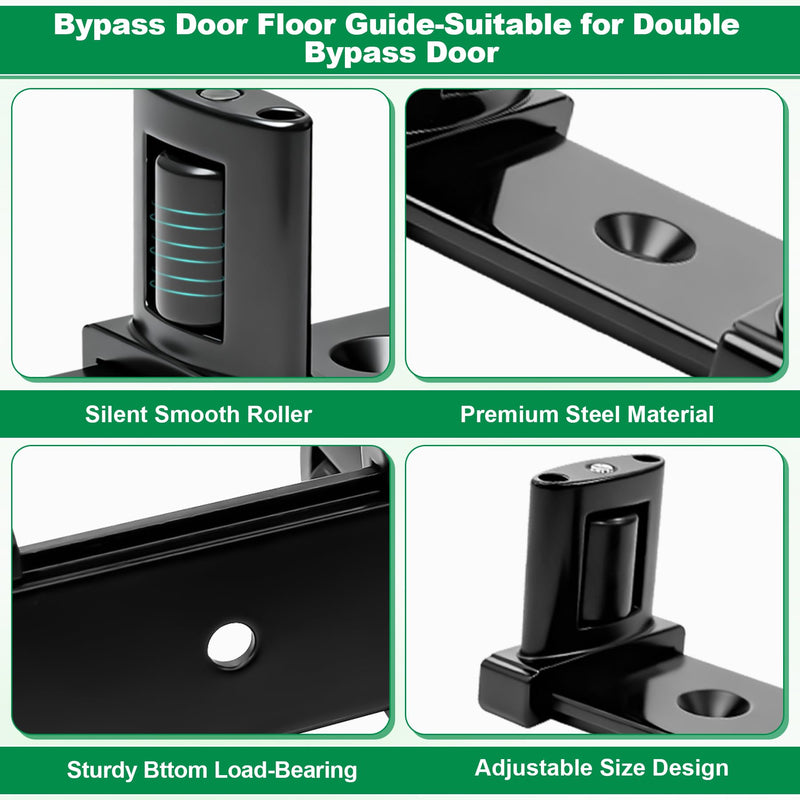 Siding Closet Door Floor Guide,3-Roller Adjustable Double Bypass Door Guide Upgrade Kit, Black Sliding Door Guides Floor Mount for Double Bypass Door(2 Pack) 2 Pack