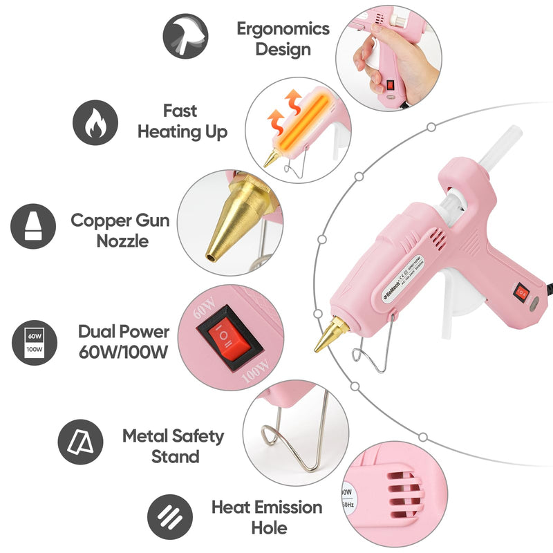 ROMECH 60/100W Dual Temp Hot Glue Gun and Sticks Set, Full Size with Case Pink