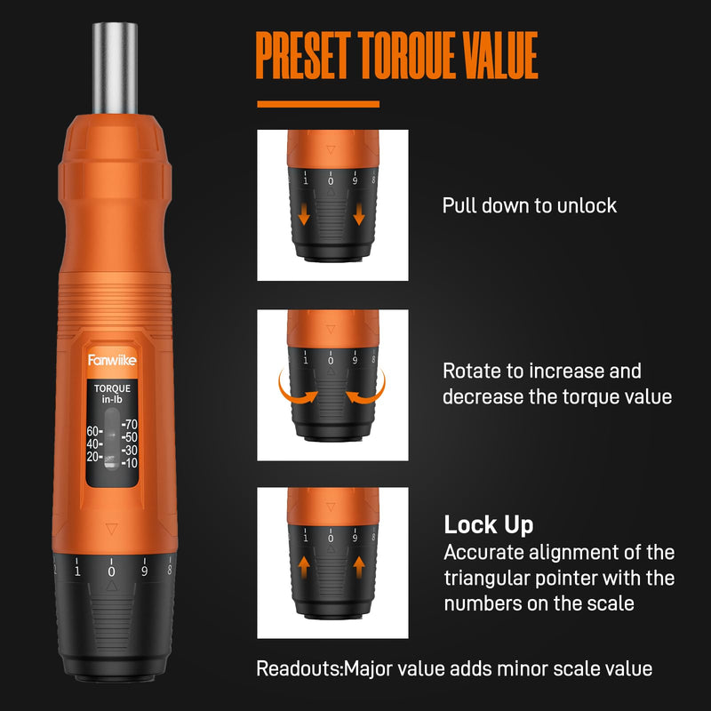 Torque Screwdriver Set, 10-70 In-lb / 1.1-7.8 Nm, 1/4” Drive Torque Wrench Screwdriver Electrician with Range & Audible Click for Scope Mounting Gunsmith Bike Repair