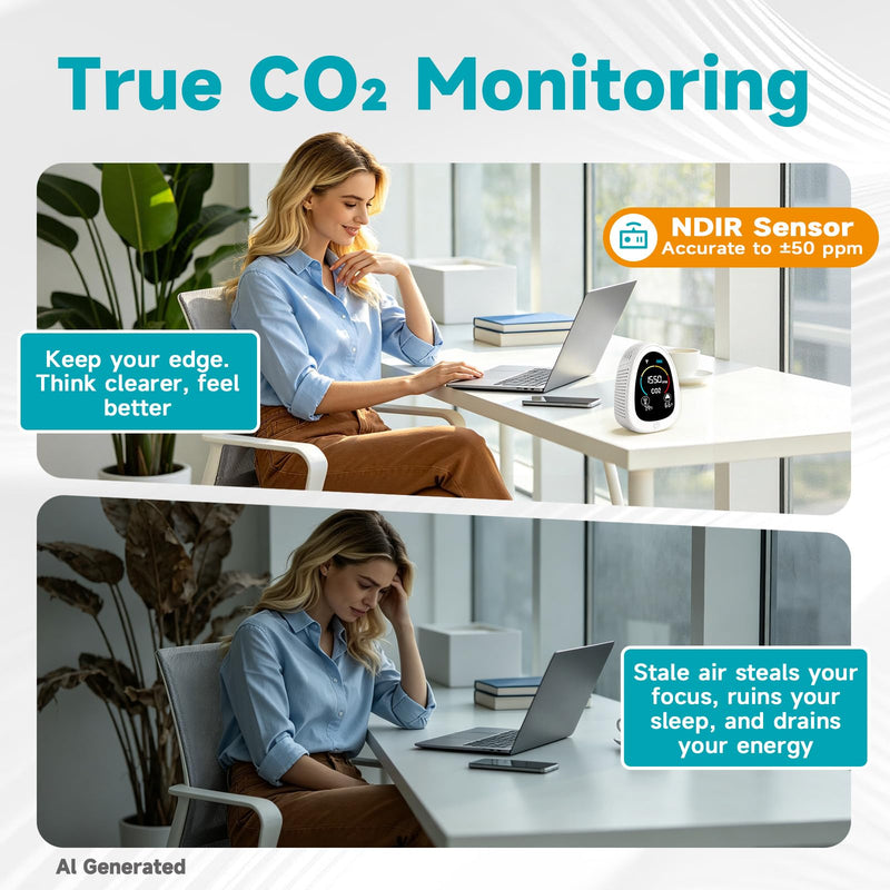 AIRNERGY Portable CO2 Monitor Indoor Air Quality Monitor for Home Office White