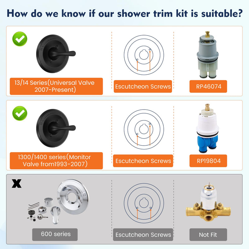 Replacement for delta Classic 13/14 Series Single-Function Shower Valve Trim Kit, T13020-BL Matte Black Shower Handle Set, Fit R10000 Series Shower Valve(Catridge and Valve Not Included)
