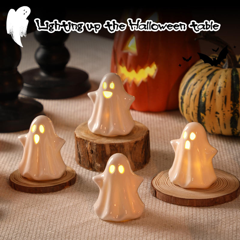KORMMCO 4PCS Ceramic Ghost Light Up Decor, Cute Ghost Halloween Decor, Small White Ghost Figurine Led Ghost Figurines for Desk Tabletop Centerpieces，Halloween Decoration Indoor