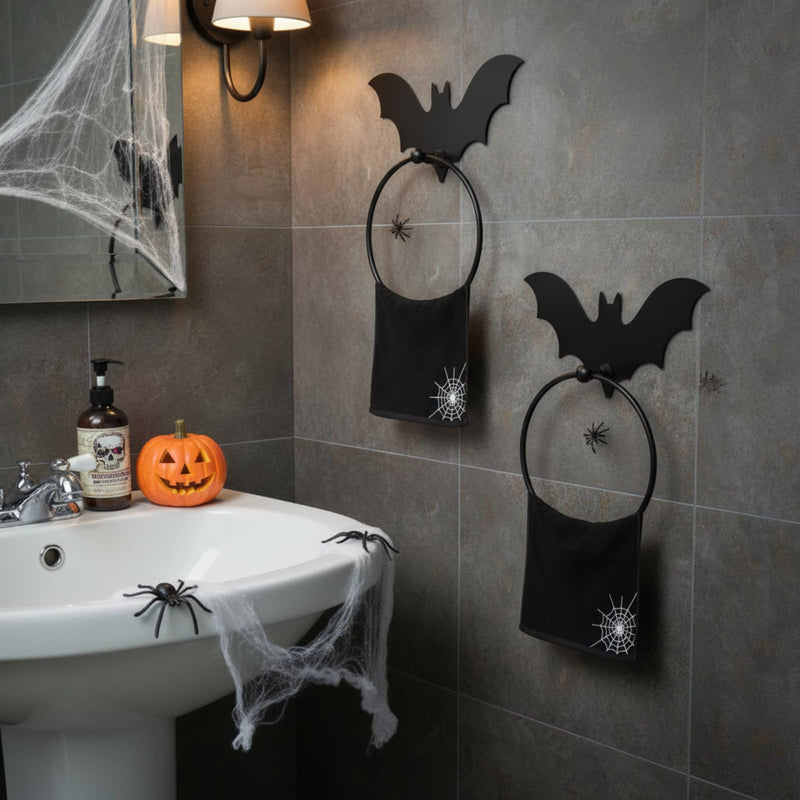 2Pcs Gothic Bat Metal Towel Rings Halloween Towel Holder Oil Rubbed Bath Towels Ring Black Art Hand Towels Rack Gothic Bathroom Decor