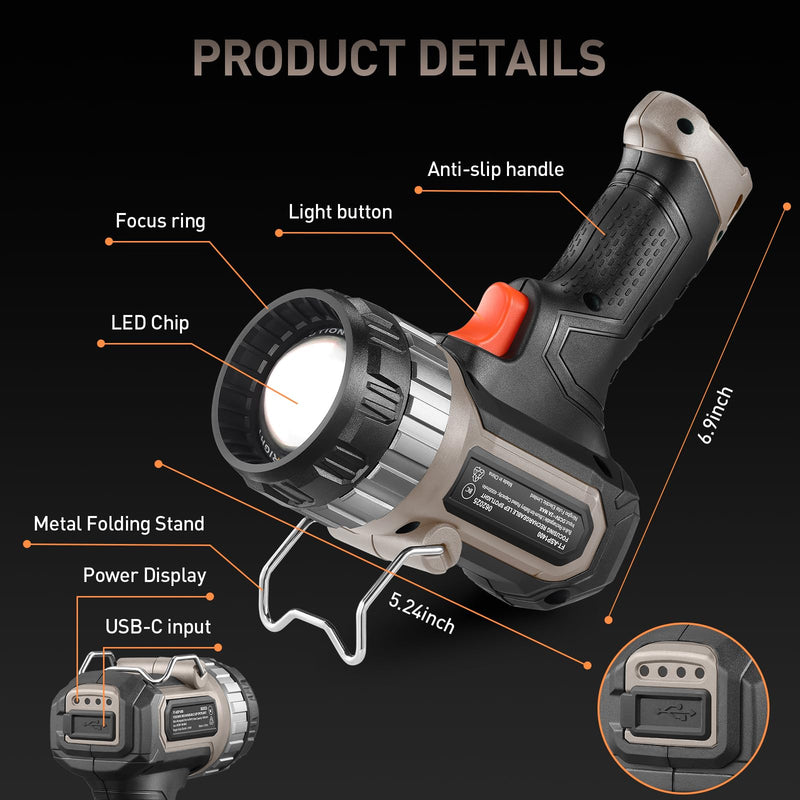 FORTO Compact Rechargeable Spotlight with Adjustable Focus, Handheld Spot Light with Stand, 823m Range, 3 Light Modes and LED Spot Lights Outdoor for Boating Hunting Camping Hiking Brown Basic