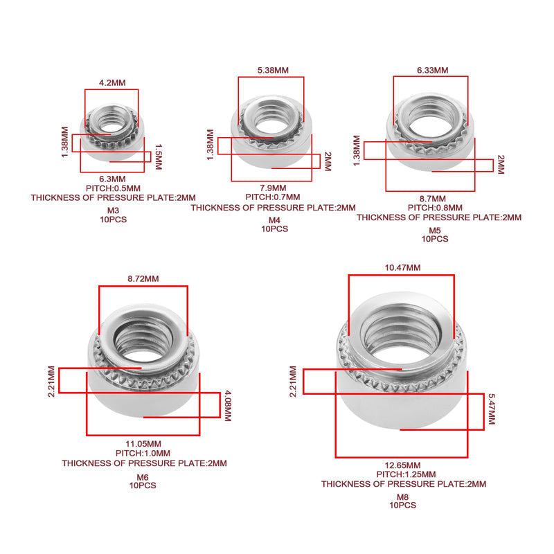 ECSiNG 50pcs Self Clinching Nuts 304 Stainless Steel Rivet Nut Fastener Knurled Self Clinching Nut Fastener for Machinery Electrical Products, M3 M4 M5 M6 M8