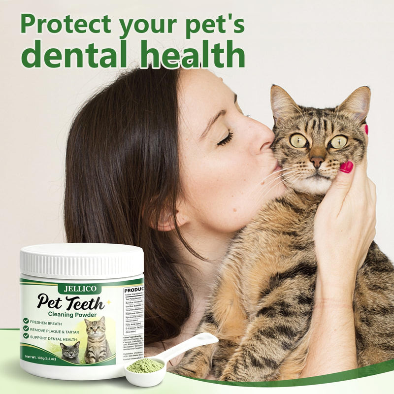 Jellico Pet Teeth Cleaning Powder for Cats – Dental Care Powder Prevents Tartar & Plaque Buildup, Freshens Breath, Oral Hygiene Supplement for Cats, 100g