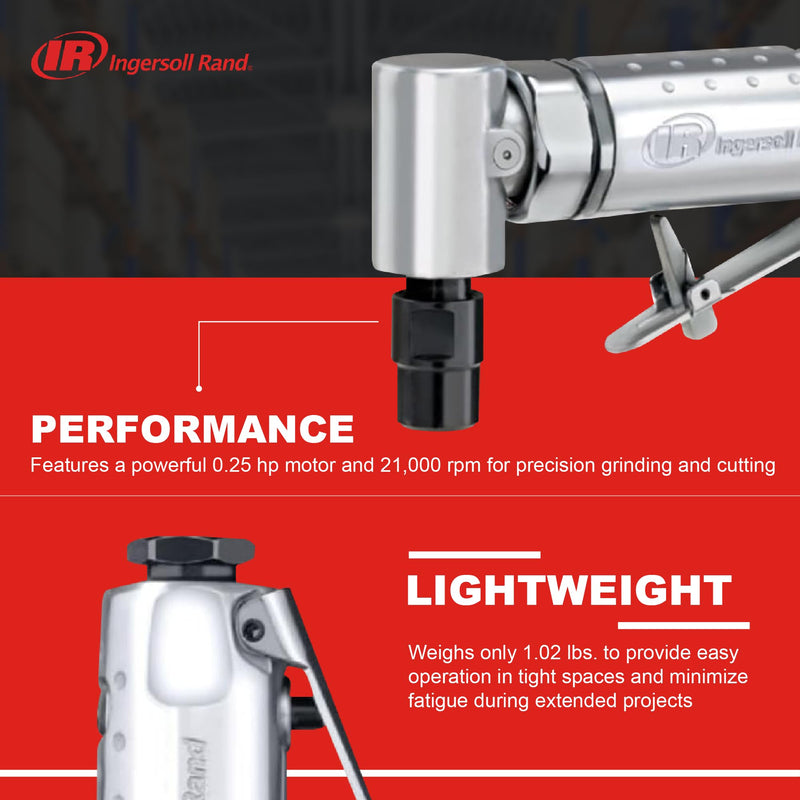 Ingersoll Rand 301B Air Die Grinder – 1/4", Right Angle, 21,000 RPM, Ball Bearing Construction, Safety Lock, Aluminum Housing, Lightweight Power Tool, Black Metal Housing 301B - Air Angle Die Grinder