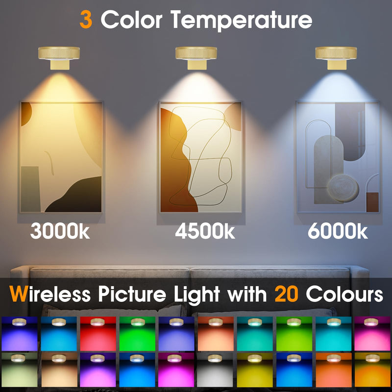 RGB Magnetic Suction Spotlight - Battery-Powered, Wireless, Remote Control with Adjustable Timer for Art Displays and Galleries 3 Pack Gold - NewNest Australia