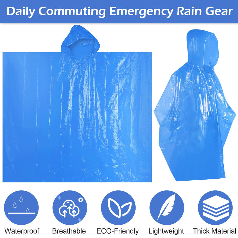 Berlune 40 Pcs Disposable Rain Ponchos Bulk for Adults Emergency Disposable Ponchos Family Pack with Hood Waterproof Raincoat Blue
