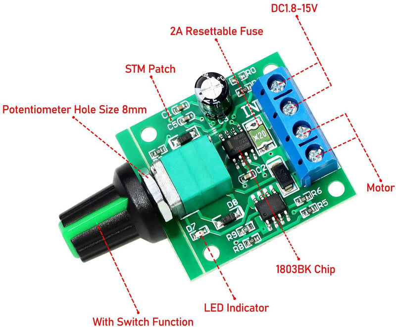 2pcs PWM Low Voltage Motor Speed Controller DC 1.8V 3V 5V 6V 12V 2A 1803BK 1803B Adjustable Driver Switch with Speed Control Knob 12V-5pin