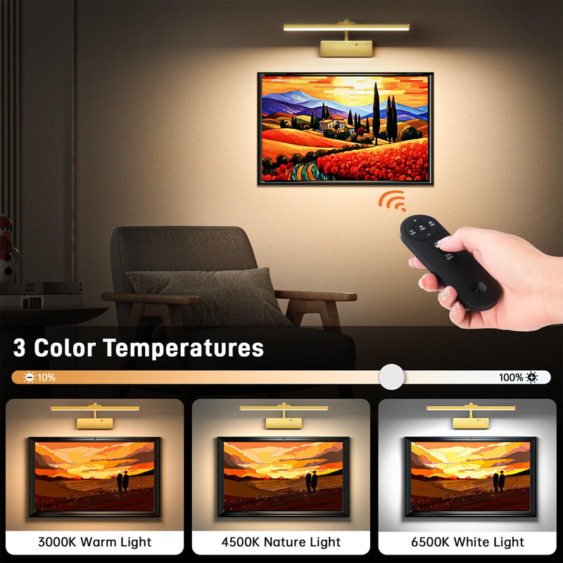 Picture Light, 15.35inch Wireless Rechargeable 5400mAh Battery Wall Light for Paintings, Picture Lights with Remote, 3 Color Modes and Dimmable Lights for Display, Gallery, Artwork(Gold) Gold