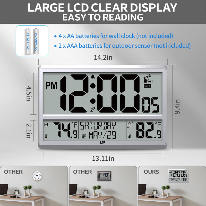 LFF Atomic Clock 4.5" Numbers, Atomic Wall Clock with Indoor & Outdoor Temperature，Never Needs Setting, Battery Operated, Date, Time, Wireless Outdoor Sensor, Jumbo Display Easy to Read Silver