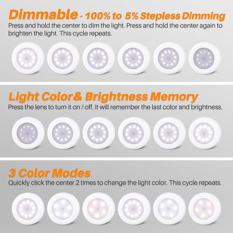 STAR-SPANGLED 4 Pack 3.1” Dimmable Push Tap Lights, Stick on LED Touch Puck Lights AA Battery Operated, 3 Color Modes Sticky Button Lamps for Classroom, Kitchen, Under Cabinet, Closet 3 Color Modes & Dimmable