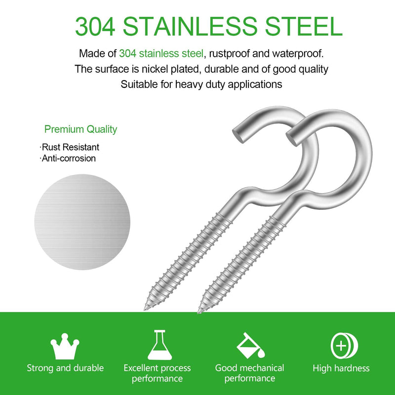 Pack of 20 metal hooks,304 stainless steel screw hooks, self-tapping eye-ring bolt hooks, wooden terminal eye-hole hooks, pendant lights and wires, strong indoor and outdoor eye bolts (2"X20PCS) 2"X20PCS