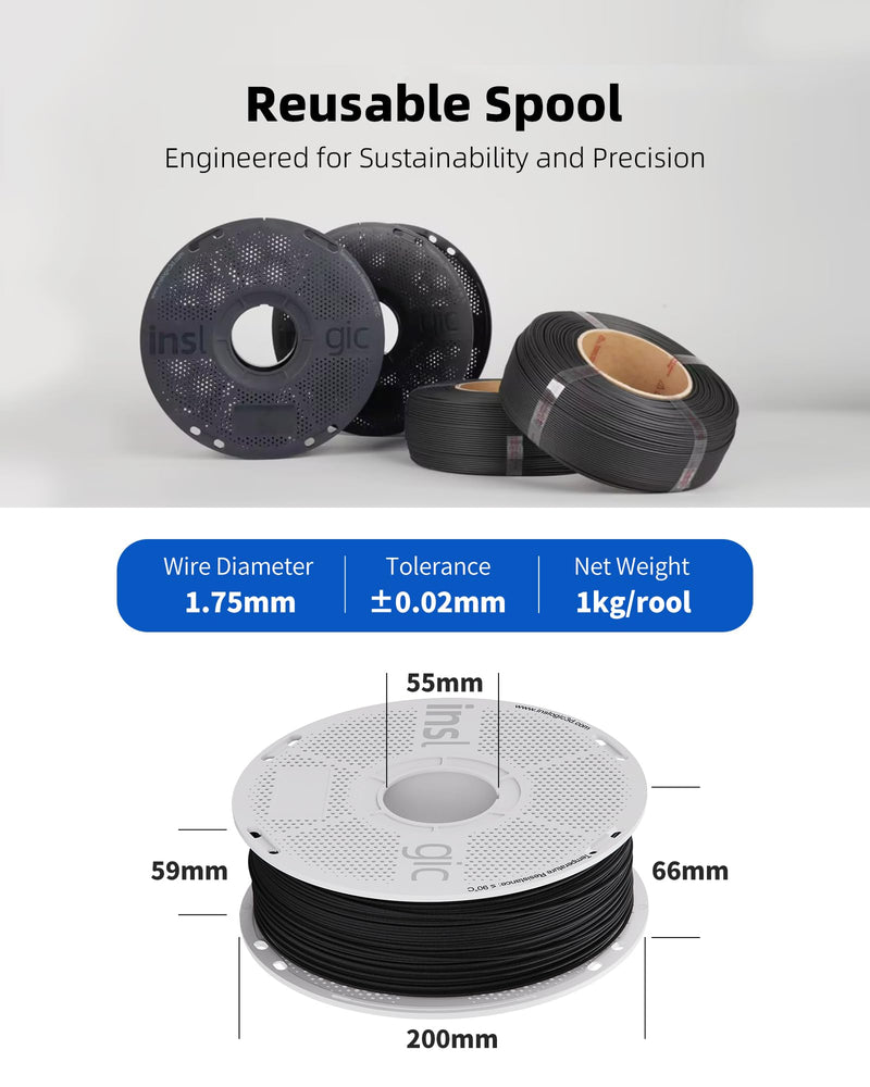 Inslogic PA12-CF Carbon Fiber Filament 1.75mm, 0.5kg Refill High Strength Nylon Filament for 3D Printing, 260-280°C Print Temp, Low Warp & Wear Resistant, Ideal for Functional Parts,Black 0.5kg Pa12cf Black Refill