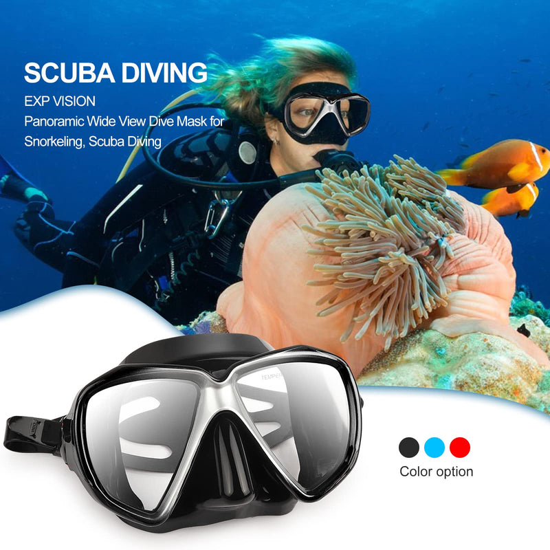 Snorkel Diving Mask Panoramic HD Swim Mask, Anti-Fog Scuba Diving Goggles,Tempered Glass Dive Mask Adult Youth Swim Goggles with Nose Cover for Diving, Snorkeling, Swimming Black 2 Pack