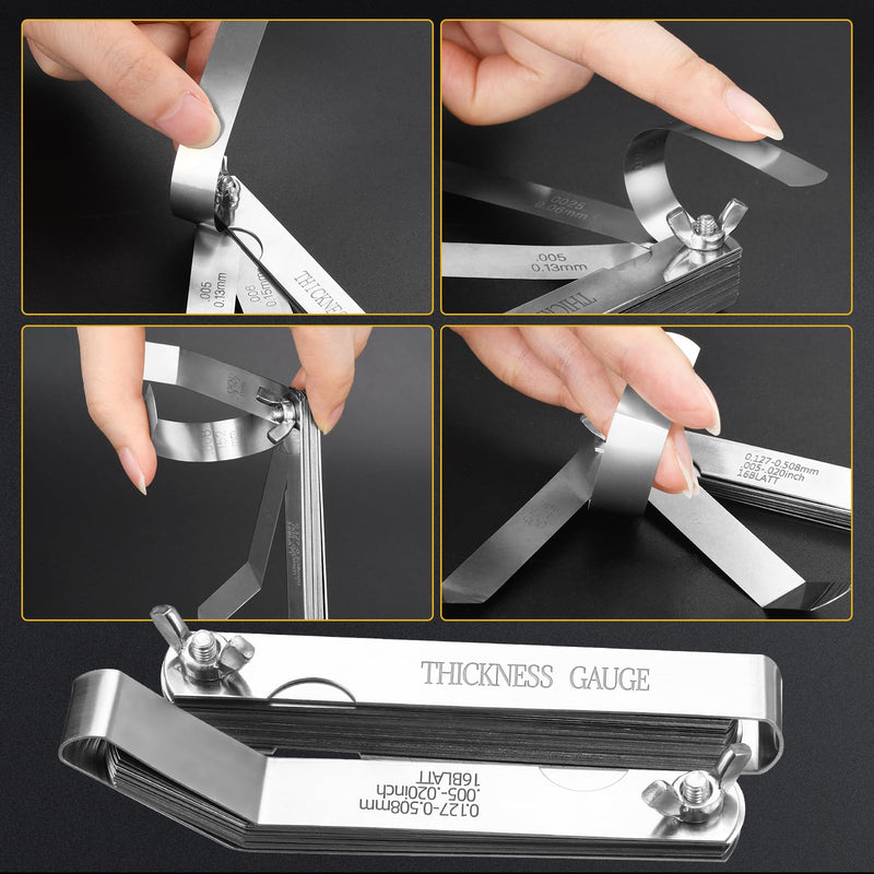 Stainless Steel Feeler Gauge Set, 2PCS 32 Blades Feeler Gauge & 16 Blades Offset Thickness Gauge with Standard SAE and Metric Dual-Marked, Filler Gauge Set for Measuring Spark Plug Valve Gap