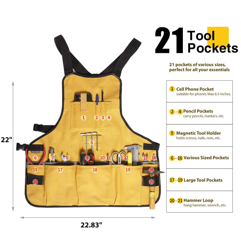 Work Tool Apron for Men and Women, Torso Length with 21 Tool Pockets, Durable Canvas Apron, DIY Enthusiasts Yellow
