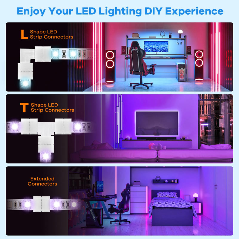 42Pcs 4 Pin LED Strip Connectors Kit for 5050 10mm Wide RGB LED Strip Light, Includes 8 L-Shaped, 4 T-Shaped, and 30 Solderless LED Light Connectors Clips, Easy for DIY Lighting Projects