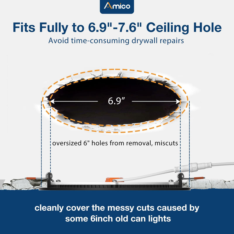 Amico Black 7 Inch 5CCT 1 Pack Ultra-Thin LED Canless Recessed Ceiling Light with Junction Box, 2700K-5000K Selectable, 1300LM Brightness, 15W=100W, Dimmable Wafer Downlight-ETL&FCC
