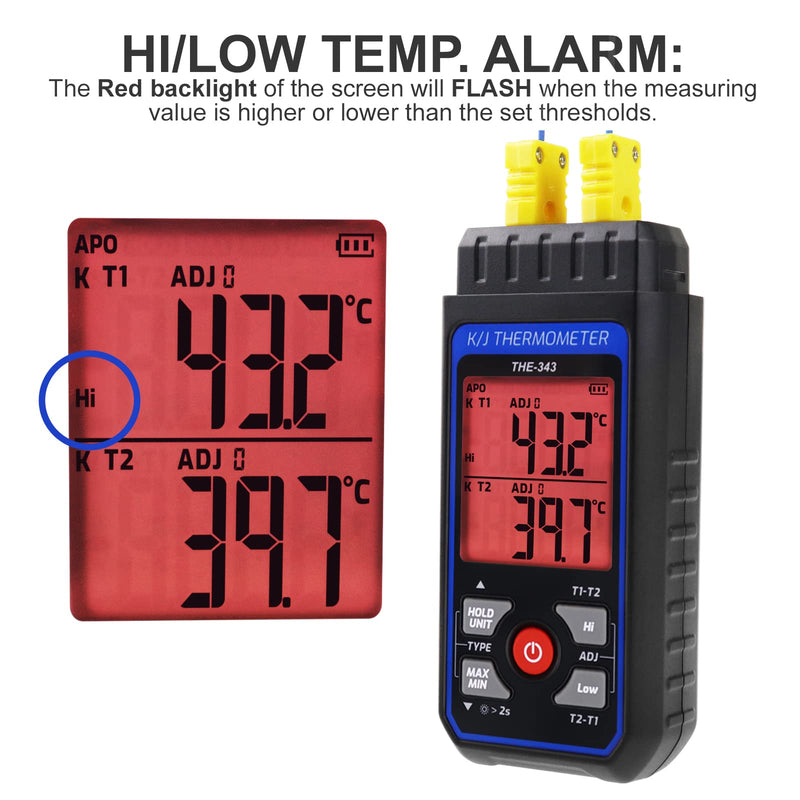 Thermocouple Thermometer Digital K Type Thermometer with 4 Thermocouples, -328~2500℉ Measuring Range HVAC Thermometer Dual Channels Temperature Meter Gauge with LED Backlight & ADJ Compensation 2 Channels Thermometer