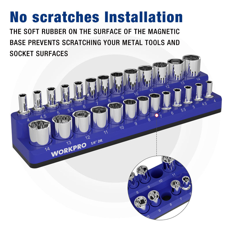 WORKPRO Magnetic Socket Organizer, 1/4-Inch Metric Socket Holder, Socket Trays Holds 26 Pieces Standard Size and Deep Size Sockets(Socket not Included) 1/4" DR, Metric