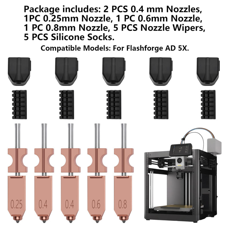 5 PCS Quick-Swap Nozzles Kit for AD5X, 2 PCS 0.4mm, 1 PC 0.25mm, 1 PC 0.6mm, 1 PC 0.8mm Hardened Steel Tip Integrated Nozzles with 5 PCS Silicone Socks and Nozzle Wiper for Flashforge AD5X Multi Size