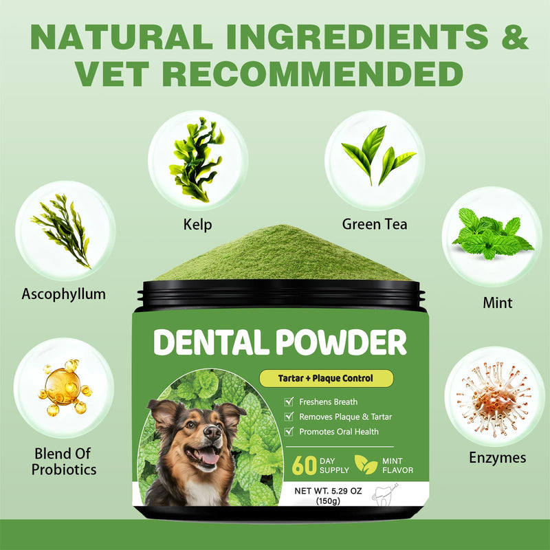 Dog Teeth Cleaning Powder, Dental Powder for Dogs Teeth Cleaning and Breath Fresh, Dog Tartar and Plaque Remover for Dental Care with Enzyme, Probiotics - Targets Tartar & Bad Breath - 150g 5.29 Ounce (Pack of 1)