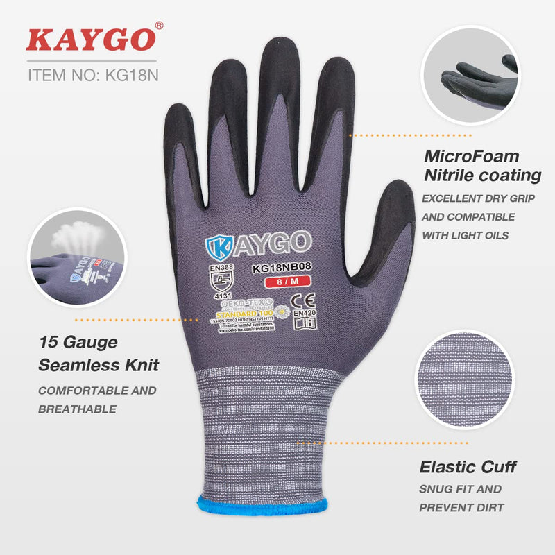 KAYGO Safety Work Gloves MicroFoam Nitrile Coated, 3 Pairs KG18NB,Seamless Knit Nylon Glove for Men and Women, Ideal for Automotive,Warehouse,Construction (Large,Gray) Grey Large (Pack of 3)