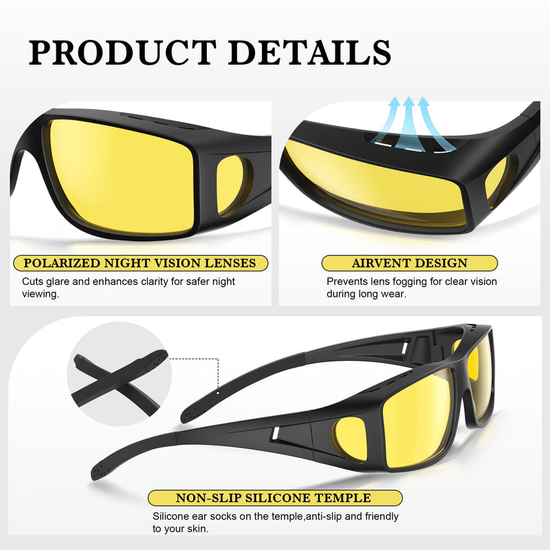 Night Vision Glasses Wrap-Around for Men Women,Fit Over Glasses,Polarized Night Driving Glasses with HD Yellow Lens