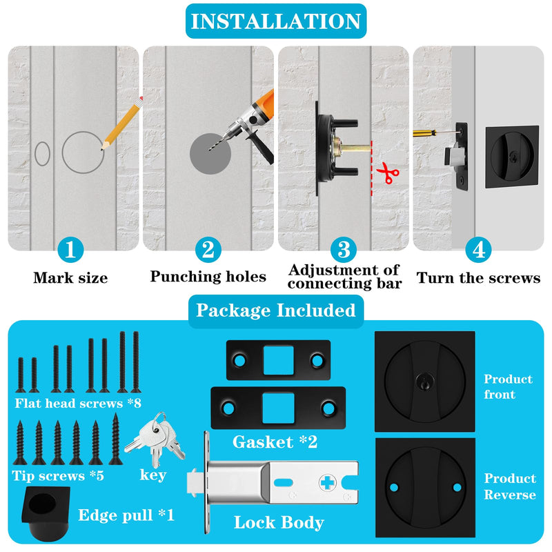 Pocket Door Hardware Matte Black Pocket Door Lock with Keys Contemporary Flush Pocket Door Latch and Edge Pull for Bed/Bath/Kitchen/Barn Door (2-3/8" Backset, for 1 3/8" to 2 3/16" Thickness Door) Square60