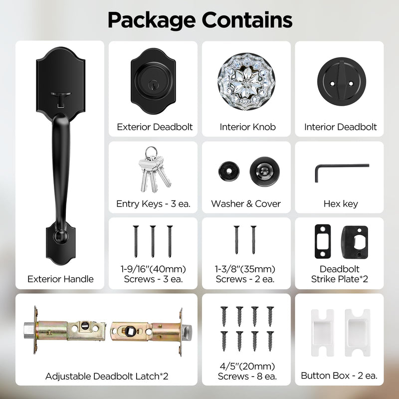 Black Front Door Handle and Deadbolt Set, Classic Front Door Lock Set with Crystal Glass Door Knob, Reversible Entry Door Handle for Right&Left Handed, Matte Black