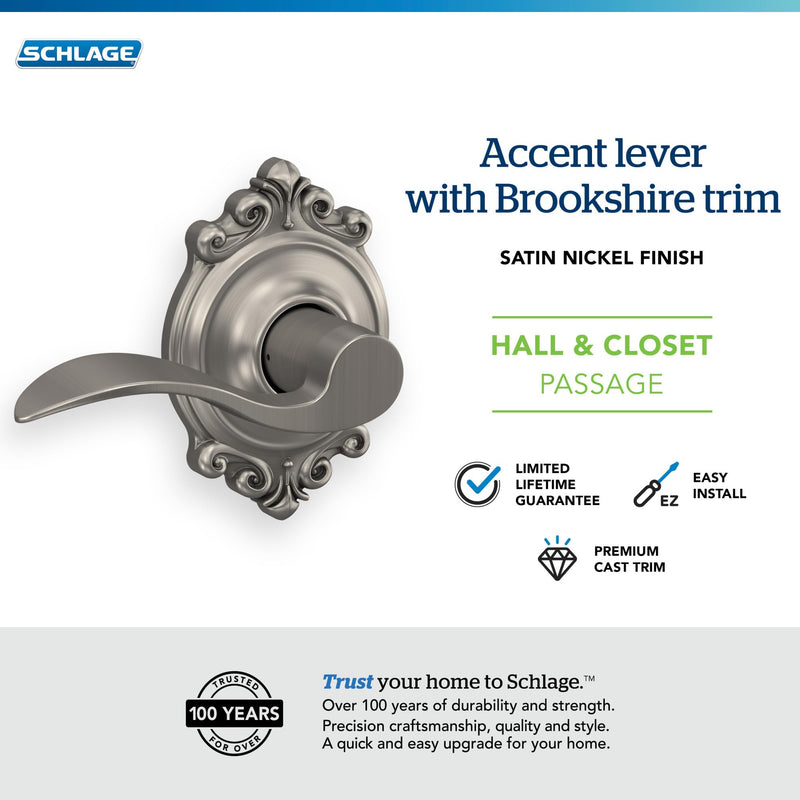SCHLAGE Trim with SCHLAGE Hall and Closet Lever, Satin Nickel (F10 ACC 619 BRK)
