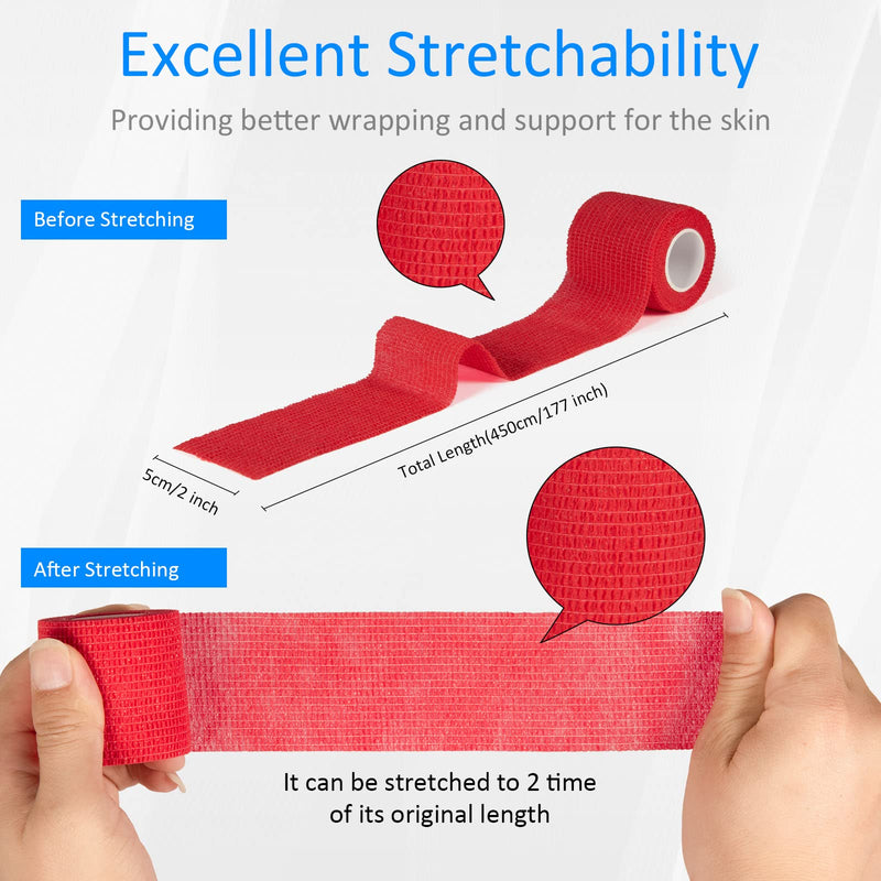 12Pcs 2”x 5 Yards Self Adhesive Bandage Wrap Elastic Bandage Wrap Self Adherent Cohesive Wrap Bandages for Wrist Ankle Vet Tape for Dogs Athletic Swelling Sprains Tape Grip Cover (Red) 12Pcs Red
