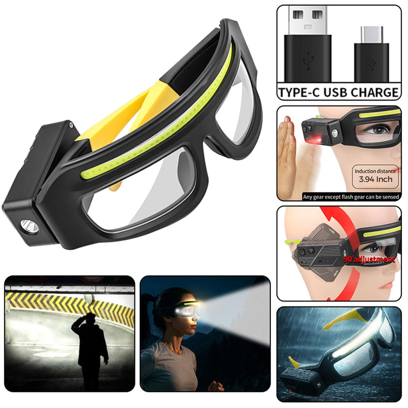 Adjustable Headlamp Glasses With Motion Sensor Rechargeable Headlight Safety Glasses for Camping 2 Pack Yellow