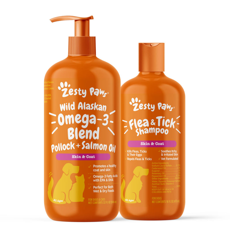 Zesty Paws Wild Alaskan Omega-3 Blend Pollock + Salmon Oil + Flea and Tick Shampoo for Dogs