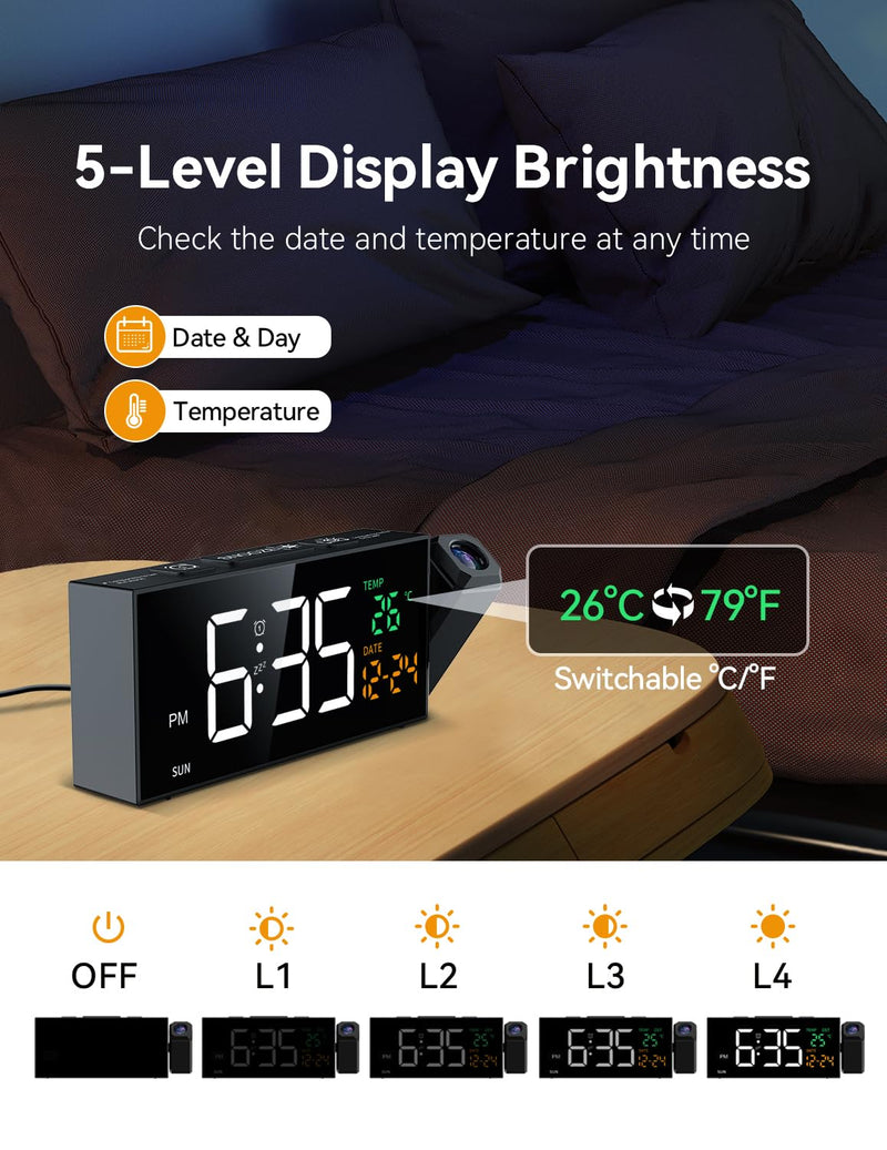 Netzu Projection Clock for Bedroom Ceiling, Alarm Clocks with 180° Rotatable Projector, Date Temperature and Weekday, Manual DST, 5 Brightness, 10 Ringtones, 4 Volumes and Snooze (Black) Black