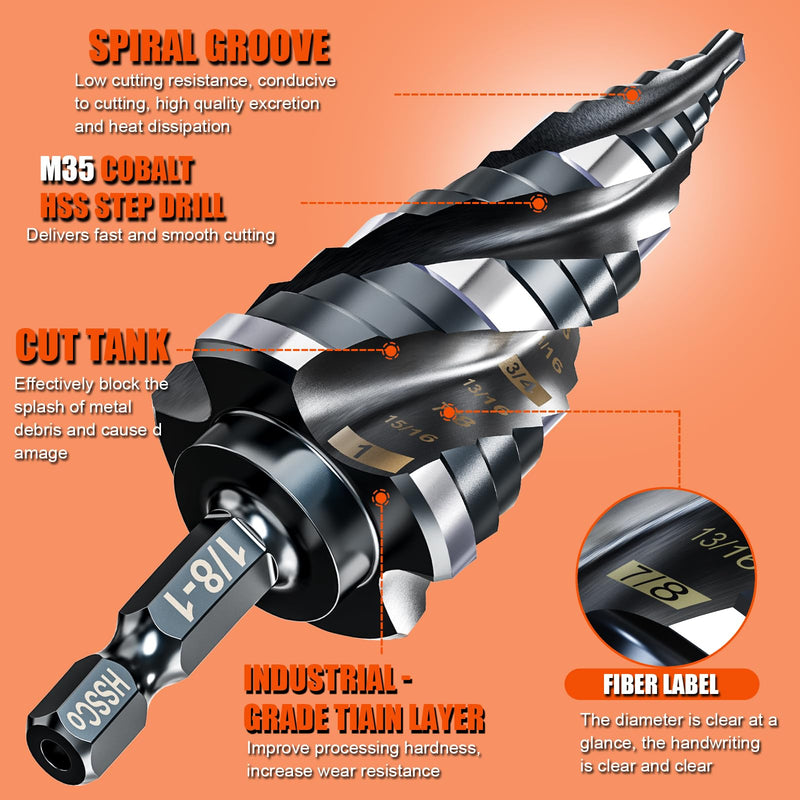 Four Spiral Flute Step Drill Bit for Metal,M35 Cobalt Unibit Step Drill Bit Set 1/4"-1" (30 pcs),Wear-Resistant AlTiN Coated,1/4" Hex Shank for Metal, Stainless Steel, Aluminum, Plastic