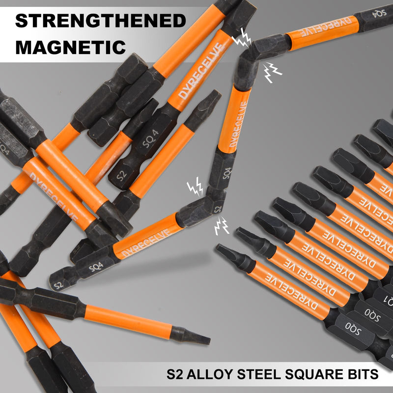12-Pack Square Drive Bits- PREMIUM S2 Alloy Steel Square Bit Set Magnetic Heads- Robertson Square Drill Bit Set (Long 2.55"& Hex Shank) Square Head Screwdriver Sizes #0, 1, 2, 3, and #4 Black