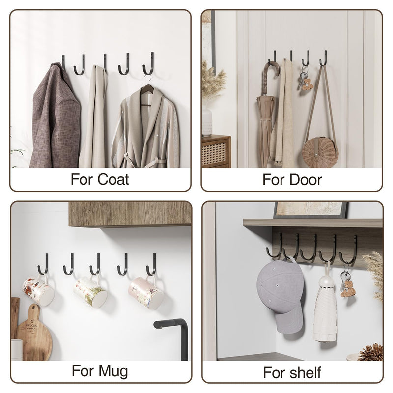 Wall Hooks for Hanging Towel/Coat - 22LB Screw in Metal Hanger Wall Mount, for Outdoor, Closet, Door, Bathrooms, for Backpack, Robe, Black 5 Pack