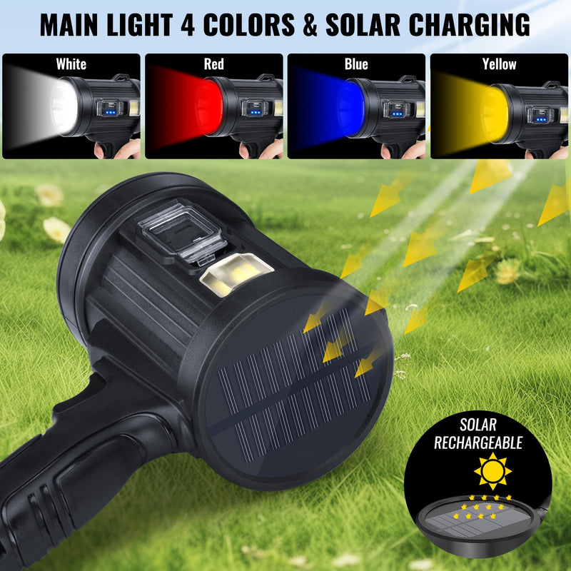 Rechargeable Spotlight,99,000 LM Super Bright Handheld Spot Light LED Flashlight High Lumens,Powered Spotlight Large Searchlight Outdoor with Solar Panels & COB Light for Boat Camping Hunting