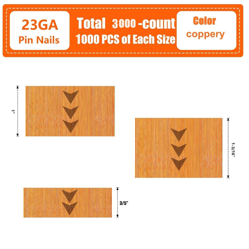 23 Gauge Pinner Nails 3000 Count, 3 Sizes (1-3/16", 1" 3/5") Headless Pin Nails for 23GA Pneumatic or Electric Pin Nailer or Pin Nail Gun, Project Pack