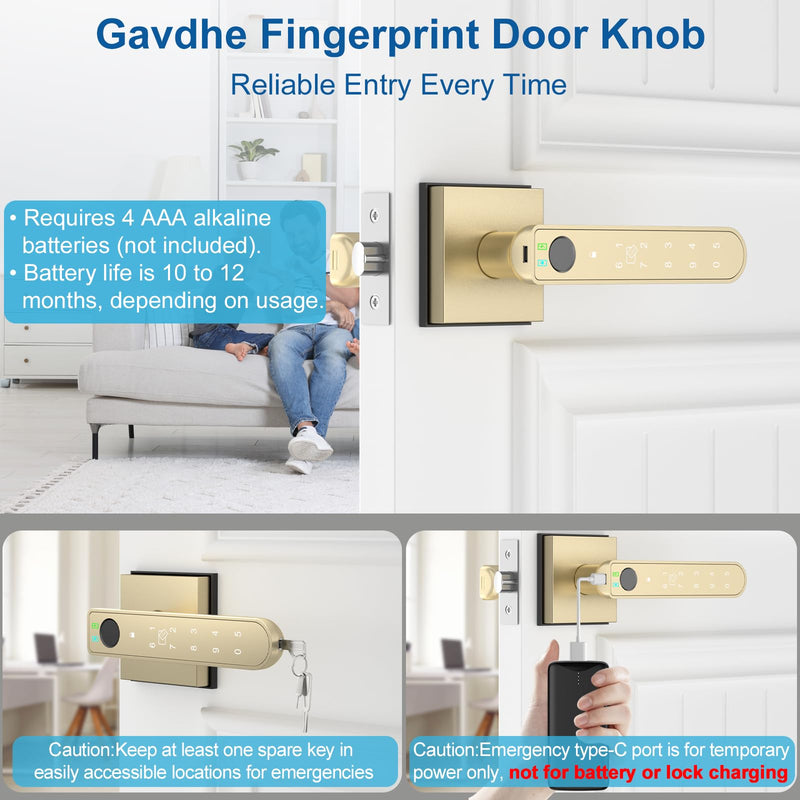 Gold Fingerprint Door Lock Smart Finger Print Door Knob Keyless Bedroom Door Lock with Keypad App Control Easy Installation for Home Bedroom Office,2 Fob Cards 2 Fob Cards Gold Fingerprint Door Knob