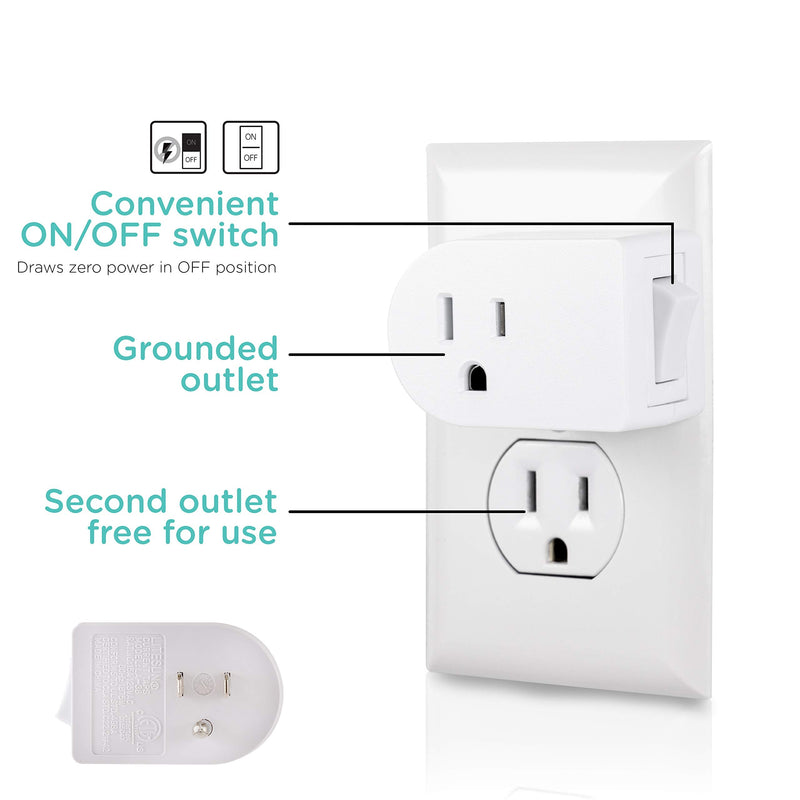 Cordinate Grounded Outlet On/Off Power Switch, 3 Prong, Plug in Adapter, Easy to Install, For Indoor Lights and Small Appliances, Energy Saving, White, 49968, 1 Pack
