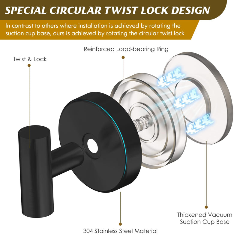 Suction Cup Hooks for Shower,Heavy Duty Shower Hooks for Inside Shower,No Drill Wall Mounted Towel Hooks for Bathrooms Wall,Kitchen,Glass,Mirror,Tile to Hang Towels,Robes,Coat-Black(2 Pack) Black-2pc